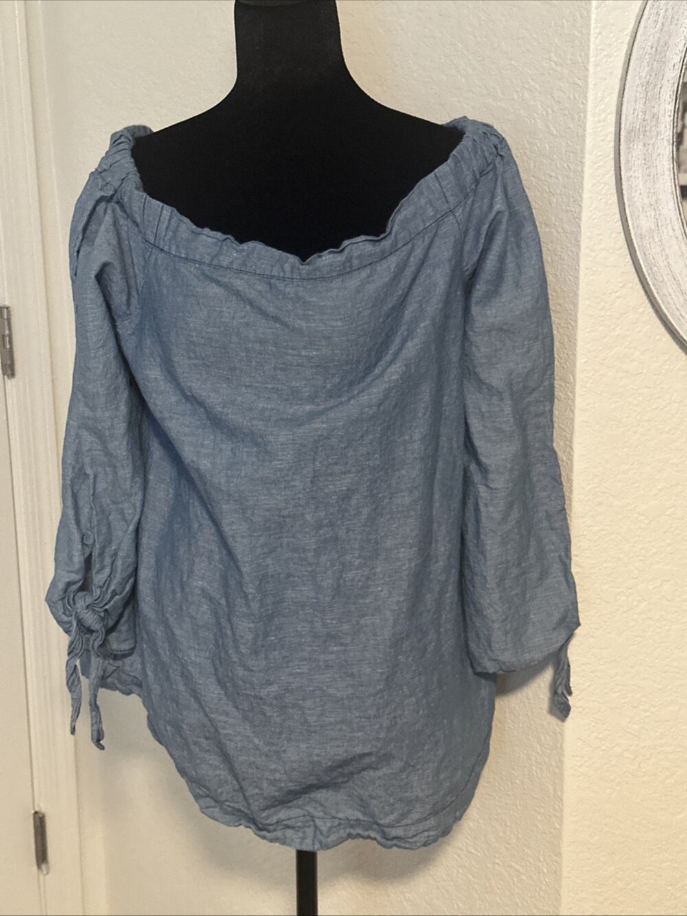 Free People Show Some Shoulder linen blend Tunic Dress in Chambray denim Medium